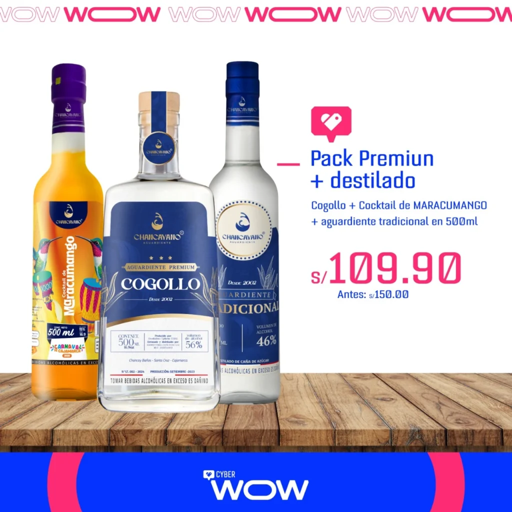 Pack de aguardientes peruanos Chancayano con Cogollo, Aguardiente Tradicional y cóctel de Maracumango en oferta Cyber Wow.