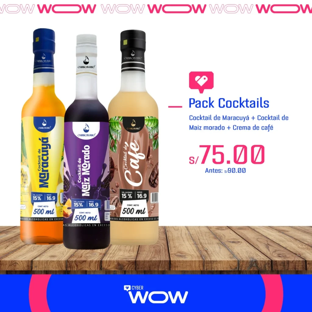 Pack de cócteles peruanos Chancayano con maracuyá, maíz morado y café en promoción Cyber Wow.